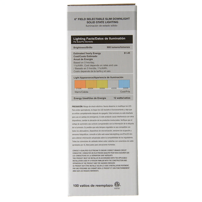 Halco FSDLS6FR12/CCT/LED Field Selectable Slim Downlight 6 Inch 12W 2700K 5000K Dimmable JA-8 ProLED Selectable (89094)