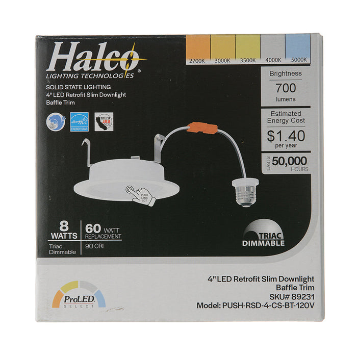 Halco PUSH-RSD-4-CS-BT-120V LED Retrofit Slim Downlight 4 Inch Baffle Trim 8W 700Lm Push Lens for CCT Selectable 2700K/3000K/3500K/4000K/5000K 120V Triac Dimming (89231)
