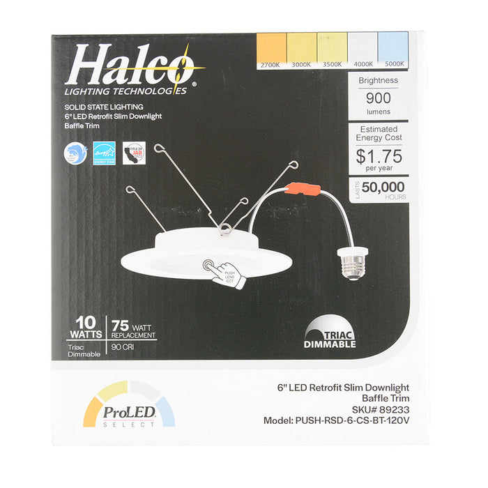 Halco PUSH-RSD-6-CS-BT-120V LED Retrofit Slim Downlight 6 Inch Baffle Trim 10W 900Lm Push Lens for CCT Selectable 2700K/3000K/3500K/4000K/5000K 120V Triac Dimming (89233)