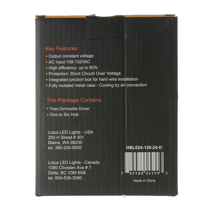 Lotus LED Lights 24V Hard Wired Dimmable Driver 24W Input 120V AC 6-Port Hub Included (HBL024-120-24-D)