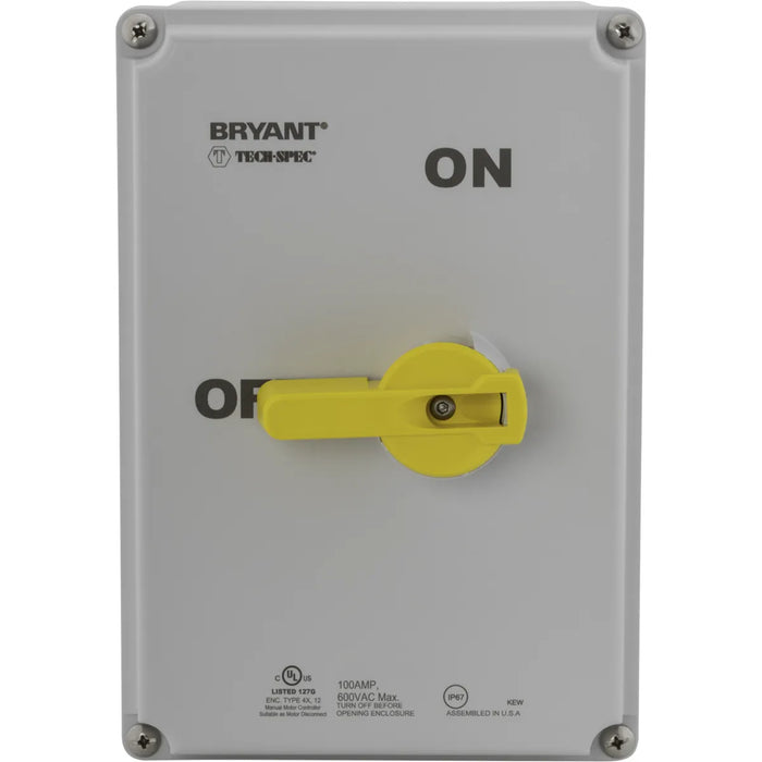 Bryant TECH-SPEC Motor Disconnect Switch 3-Pole 100A 600V AC NEMA 4X 12 Non-Metallic Enclosure 1 NO Break Before Main Auxiliary Contact (BRYDS100)
