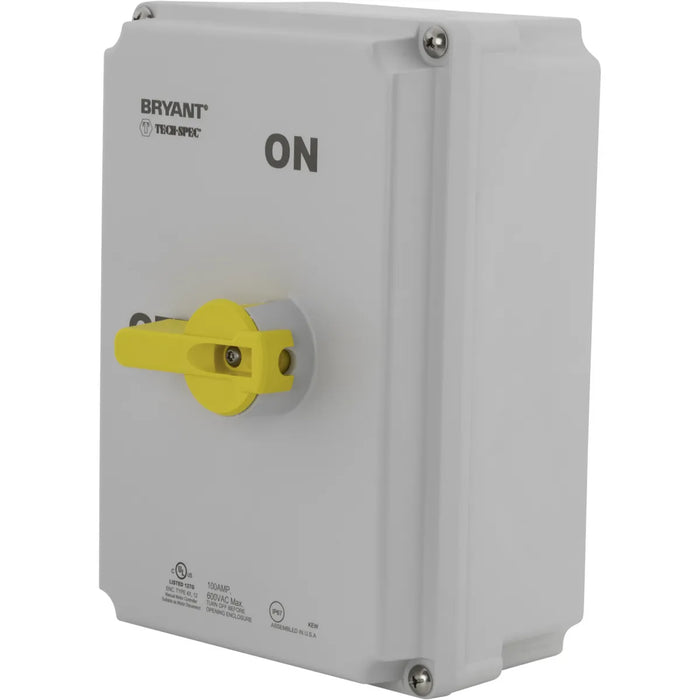 Bryant TECH-SPEC Motor Disconnect Switch 3-Pole 100A 600V AC NEMA 4X 12 Non-Metallic Enclosure 1 NO And NC Auxiliary Contact (BRYDS100AC)