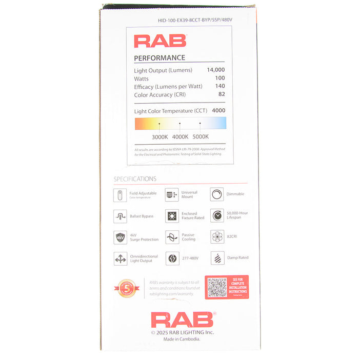 RAB HID Post Top 80 CRI Type B 100W CCT Selectable 3000K/4000K/5000K EX39 Base 277-480V (HID-100-EX39-8CCT-BYP/5SP/480V)