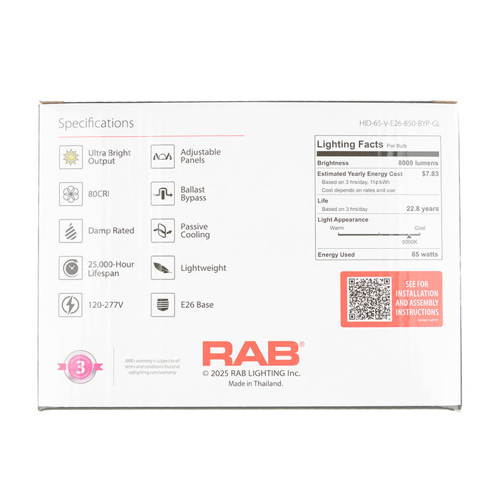 RAB Garage Light Vertical 65W E26 Base 8000Lm 120-277V 5000K 80 CRI (HID-65-V-E26-850-BYP-GL)