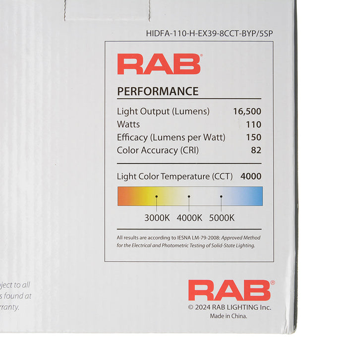 RAB HID Shoebox 80 CRI Type B 110W CCT Selectable 3000K/4000K/5000K 5 Sensor Ports (HIDFA-110-H-EX39-8CCT-BYP/5SP)
