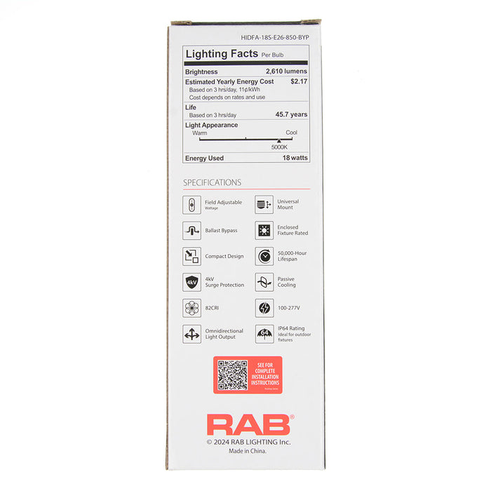 RAB HID Post Top Lamp 80 CRI Type B 6W/12W/18W 5000K E26 Base 2600Lm (HIDFA-18S-E26-850-BYP)
