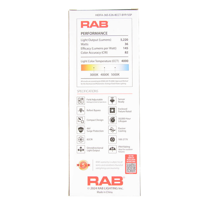 RAB HID Post Top 5-Pin 80 CRI Type B 18W/27W/36W CCT Selectable 3000K/4000K/5000K E26 Base (HIDFA-36S-E26-8CCT-BYP/5SP)
