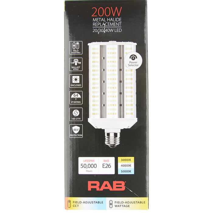 RAB Horizontal Lamp Field Adjustable CCT HID Wall Pack 80 CRI Type B 20W/30W/40W 3000/4000/5000K E26 Base (HIDFA-40S-H-E26-8CCT-BYP)