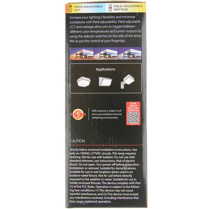 RAB Horizontal Lamp Field Adjustable CCT HID Wall Pack 80 CRI Type B 20W/30W/40W 3000/4000/5000K E26 Base (HIDFA-40S-H-E26-8CCT-BYP)