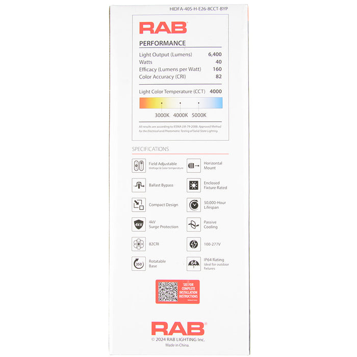 RAB Horizontal Lamp Field Adjustable CCT HID Wall Pack 80 CRI Type B 20W/30W/40W 3000/4000/5000K E26 Base (HIDFA-40S-H-E26-8CCT-BYP)