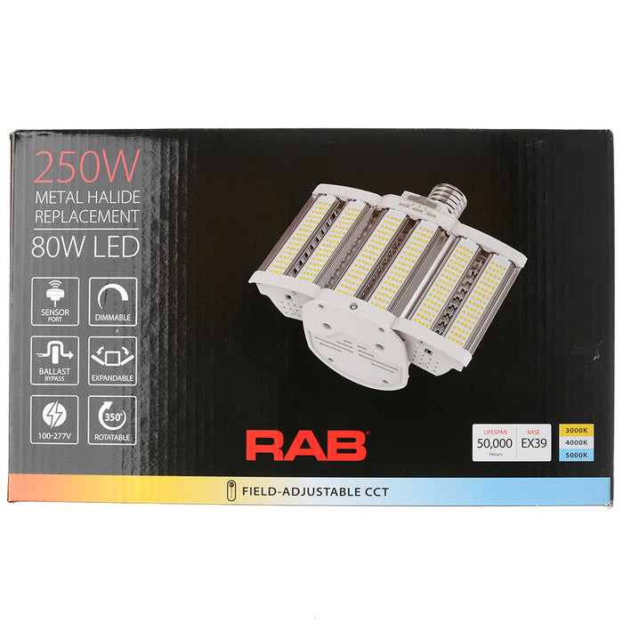 RAB HID Shoebox 80 CRI Type B 80W CCT Selectable 3000K/4000K/5000K 5 Sensor Ports (HIDFA-80-H-EX39-8CCT-BYP/5SP)