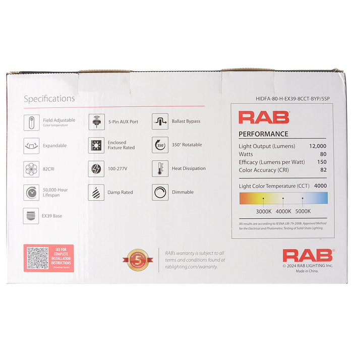 RAB HID Shoebox 80 CRI Type B 80W CCT Selectable 3000K/4000K/5000K 5 Sensor Ports (HIDFA-80-H-EX39-8CCT-BYP/5SP)