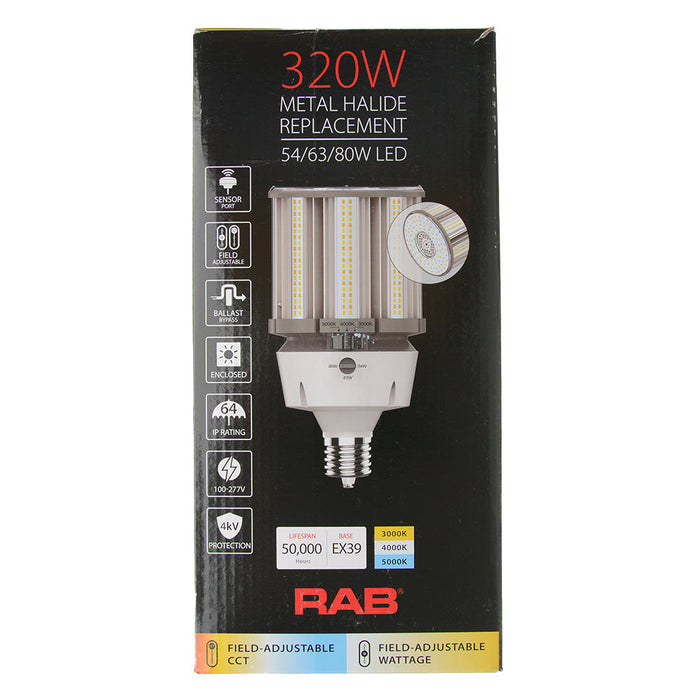 RAB HID Post Top 5-Pin 80 CRI Type B 54W/63W/80W CCT Selectable 3000K/4000K/5000K EX39 Base (HIDFA-80S-EX39-8CCT-BYP/5SP)