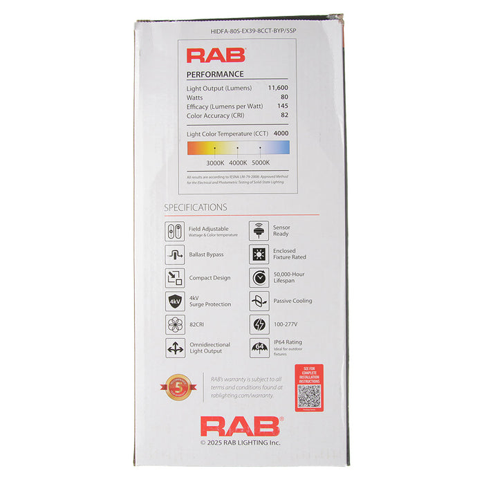 RAB HID Post Top 5-Pin 80 CRI Type B 54W/63W/80W CCT Selectable 3000K/4000K/5000K EX39 Base (HIDFA-80S-EX39-8CCT-BYP/5SP)