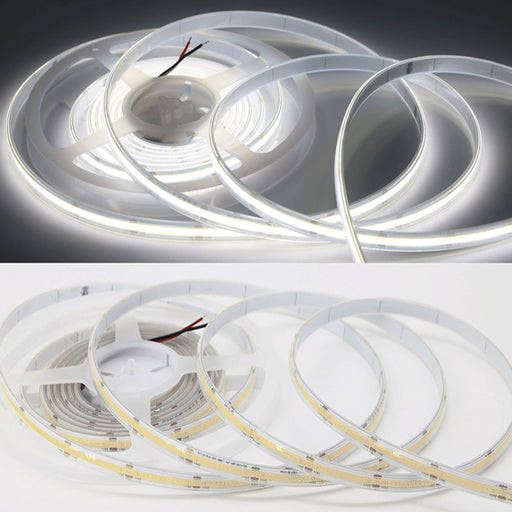 Lotus LED Lights COB LED Tape Flexible Strip Waterproof 24V DC 3000K 3W Per Foot 300Lm Per Foot 16.4 Foot/5M 10Mm 90 CRI (LBL-COB-384-24V-10MM-30K-IP65)