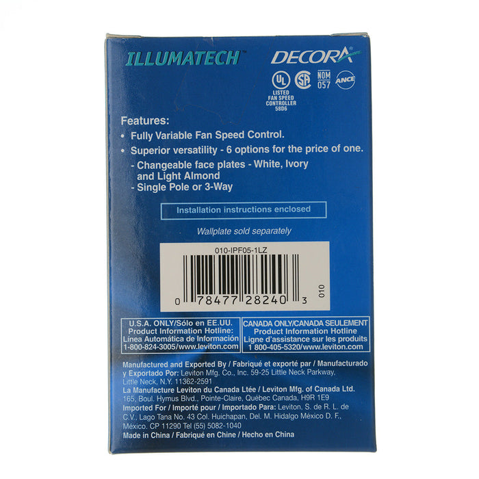 Leviton 5 Amp 120VAC 60Hz Single-Pole IllumaTech Full Range Preset Electro-Mechanical Slide Fan Speed Control LED Locator Light White (IPF05-1LZ)