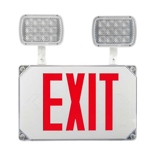 Keystone Exit Combination Thermoplastic Style 3 White Color Single Or Double Facing Red Lettering 6500K Dual Heads 120/277Vac Emergency Battery Backup (KT-EC-TP3-WH3RW-SD)