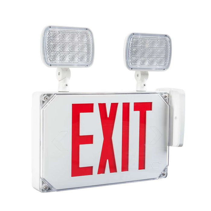 Keystone Exit Combination Thermoplastic Style 3 White Color Single Or Double Facing Red Lettering 6500K Dual Heads 120/277Vac Emergency Battery Backup (KT-EC-TP3-WH3RW-SD)