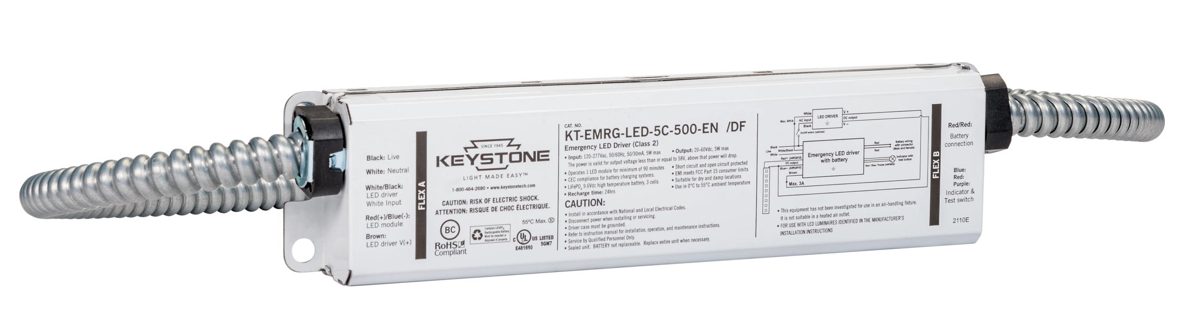 Keystone LED Emergency Back-Up One Piece 5W Constant Wattage Design Approximately 500Lm Dual Flex Cables 90 Min Operation 120-277V Input (KT-EMRG-LED-5C-500-EN /DF)