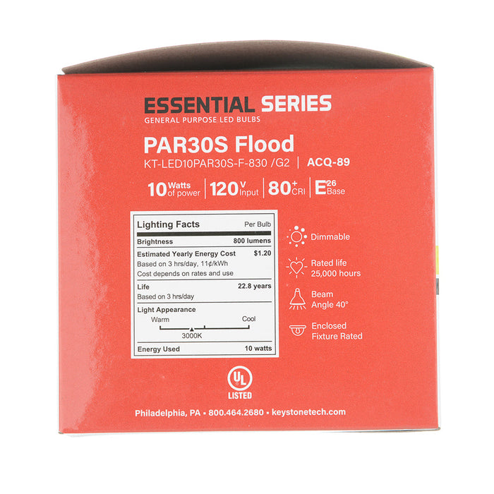 Keystone LED PAR30 Short Neck Flood 75W Equivalent 40 Degree Beam Angle E26 Medium Base 3000K 80 CRI Generation 2 (KT-LED10PAR30S-F-830 /G2)