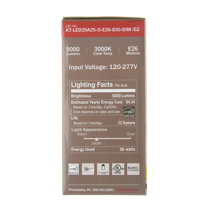 Keystone Commercial A25/PS30 LED Lamp 36W 3000K E26 Base 120-277V Input Dimmable Omnidirectional (KT-LED35A25-O-E26-830-DIM /G2)