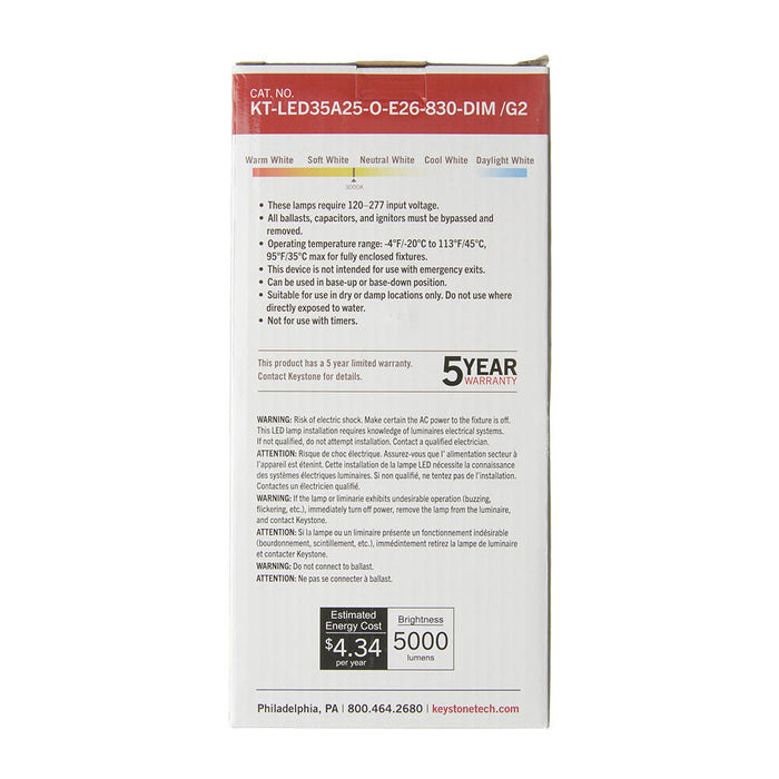 Keystone Commercial A25/PS30 LED Lamp 36W 3000K E26 Base 120-277V Input Dimmable Omnidirectional (KT-LED35A25-O-E26-830-DIM /G2)