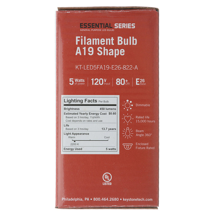 Keystone 40W Equivalent 5W 450Lm A19 LED Bulb E26 2200K 80 CRI Dimmable Amber (KT-LED5FA19-E26-822-A)