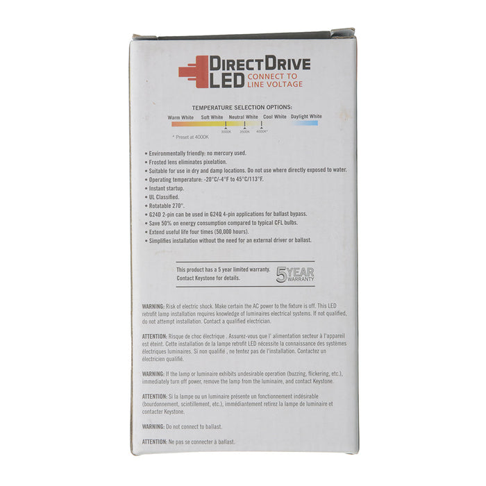 Keystone 8.5W 2-Pin Compact LED Lamp Vertical Orientation 120-277V Input G24D Base 3000K/3500K/4000K Color Select (KT-LED82P-V-8CSE-D)