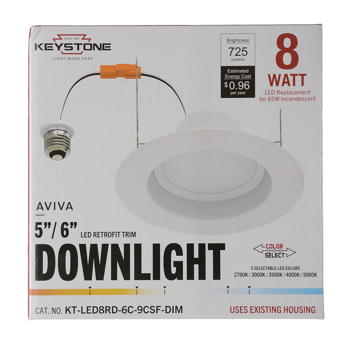 Keystone 6 Inch Circular LED Residential Retrofit Featuring CCT Selectable 8W 2700K/3000K/3500K/4000K/5000K 120V 90 CRI Triac Dimming E26 Adapter Included (KT-LED8RD-6C-9CSF-DIM)