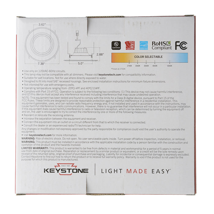Keystone 6 Inch Circular LED Residential Retrofit Featuring CCT Selectable 8W 2700K/3000K/3500K/4000K/5000K 120V 90 CRI Triac Dimming E26 Adapter Included (KT-LED8RD-6C-9CSF-DIM)