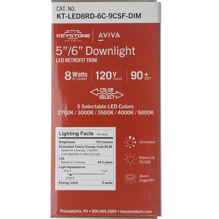 Keystone 6 Inch Circular LED Residential Retrofit Featuring CCT Selectable 8W 2700K/3000K/3500K/4000K/5000K 120V 90 CRI Triac Dimming E26 Adapter Included (KT-LED8RD-6C-9CSF-DIM)