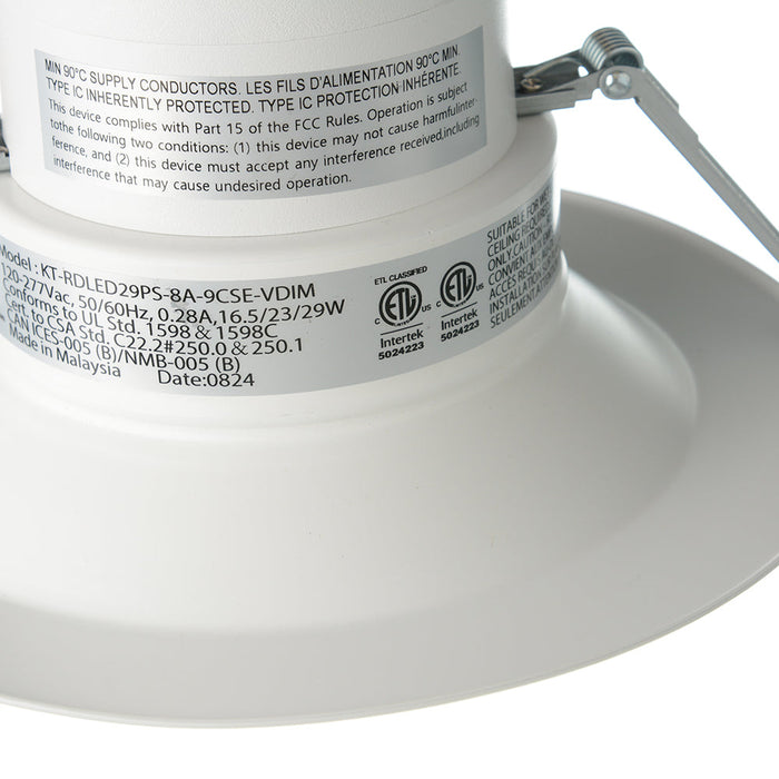 Keystone 8 Inch Circular LED Commercial Downlight Featuring Wattage/CCT Selectable 29W/23W/16.5W 3000K/3500K/4000K 120-277V Input 90 CRI 0-10V Dimming (KT-RDLED29PS-8A-9CSE-VDIM)