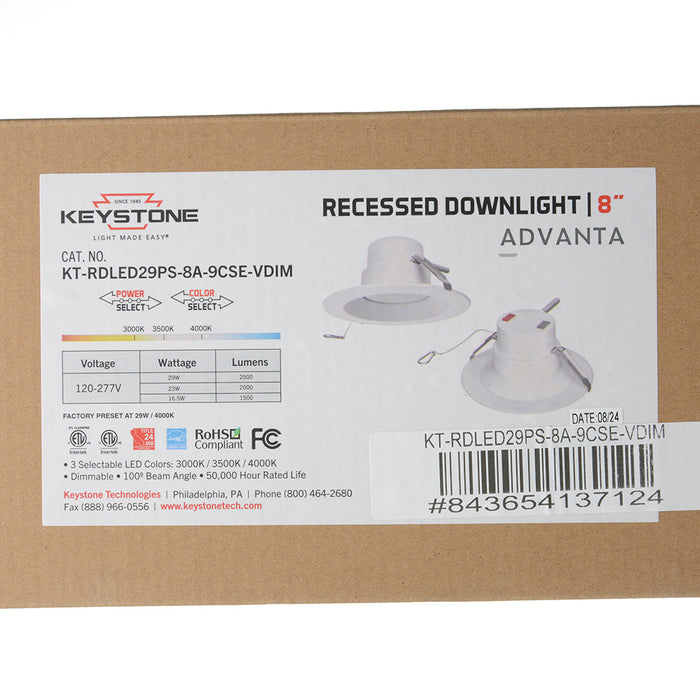 Keystone 8 Inch Circular LED Commercial Downlight Featuring Wattage/CCT Selectable 29W/23W/16.5W 3000K/3500K/4000K 120-277V Input 90 CRI 0-10V Dimming (KT-RDLED29PS-8A-9CSE-VDIM)