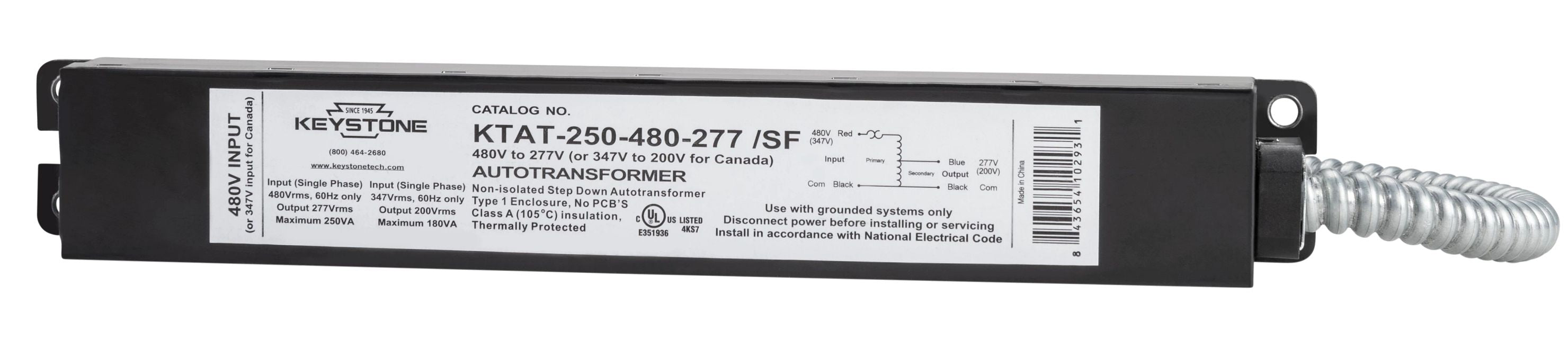 Keystone 480V Step Down Auto Transformer 480V To 277V Maximum Load 250Va One Piece Enclosed Design With Single Flex Conduit For Wiring (KTAT-250-480-277 /SF-IP)