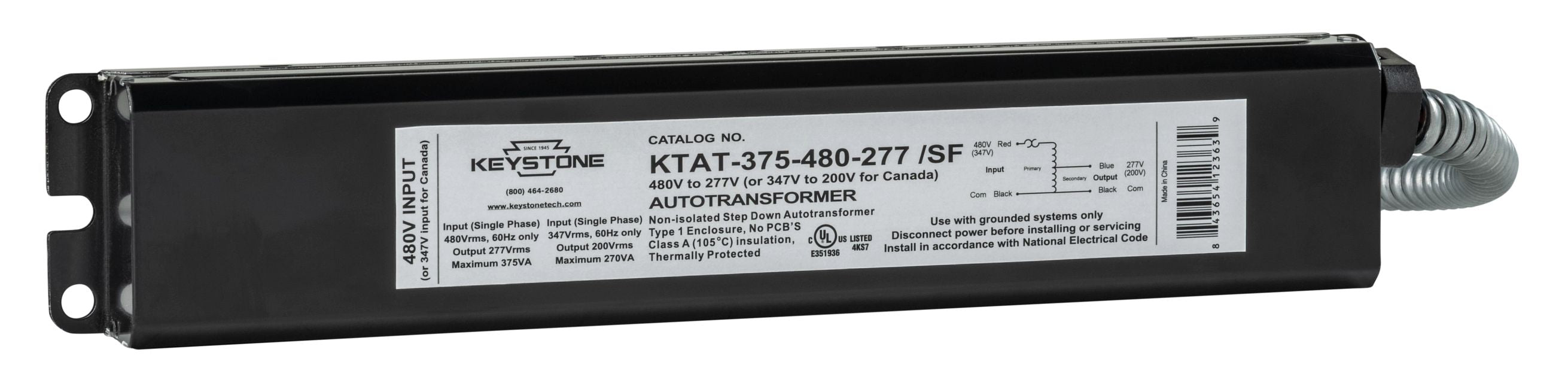 Keystone 480V Step Down Auto Transformer 480V To 277V Maximum Load 375Va One Piece Enclosed Design With Single Flex Conduit For Wiring (KTAT-375-480-277 /SF-IP)