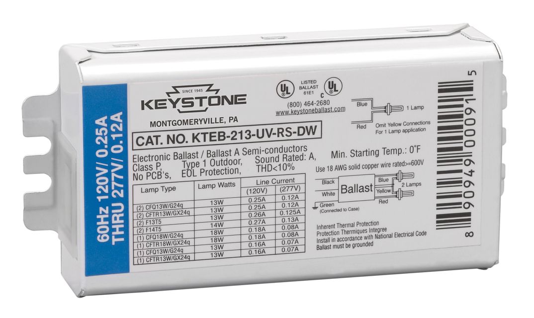 Keystone 1 Or 2X 13W 4-Pin Compact Fluorescent Rapid Start 120-277V No Studs No Leads Side And Bottom Poke-In Connectors Electronic Ballast (KTEB-213-UV-RS-DW-CP)