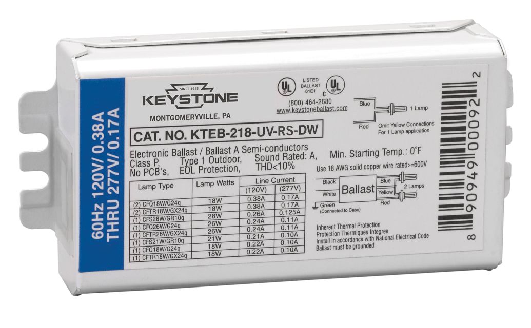 Keystone 1 Or 2X 18W 4-Pin Compact Fluorescent Rapid Start 120-277V No Studs No Leads Side And Bottom Poke-In Connectors Electronic Ballast (KTEB-218-UV-RS-DW-CP)