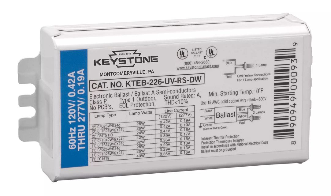 Keystone 1 Or 2 Lite 26W 4-Pin Compact Fluorescent No Studs No Leads Electronic Ballast (KTEB-226-UV-RS-DW-CP)