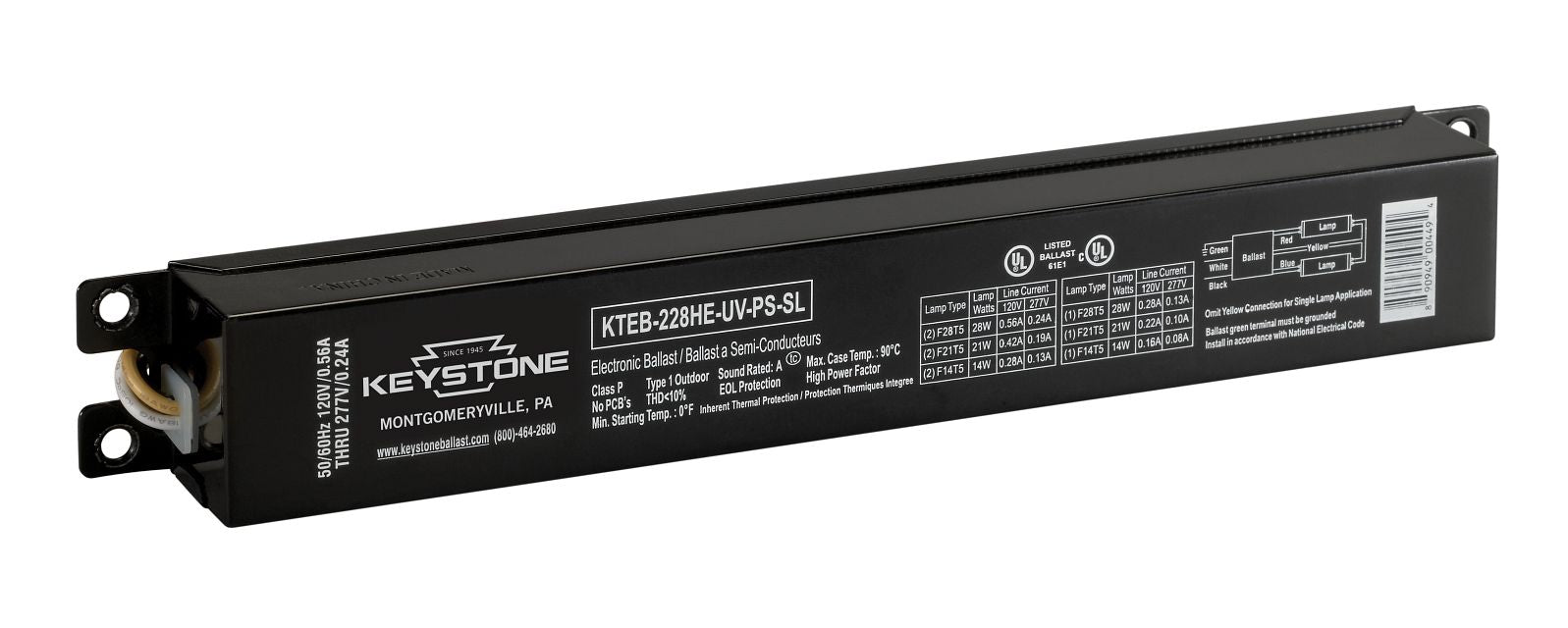 Keystone T5 Electronic Ballast 2XF28T5HE 120-277V HPF 9 Inch Case Integral Leads (KTEB-228HE-UV-PS-SL-CP)