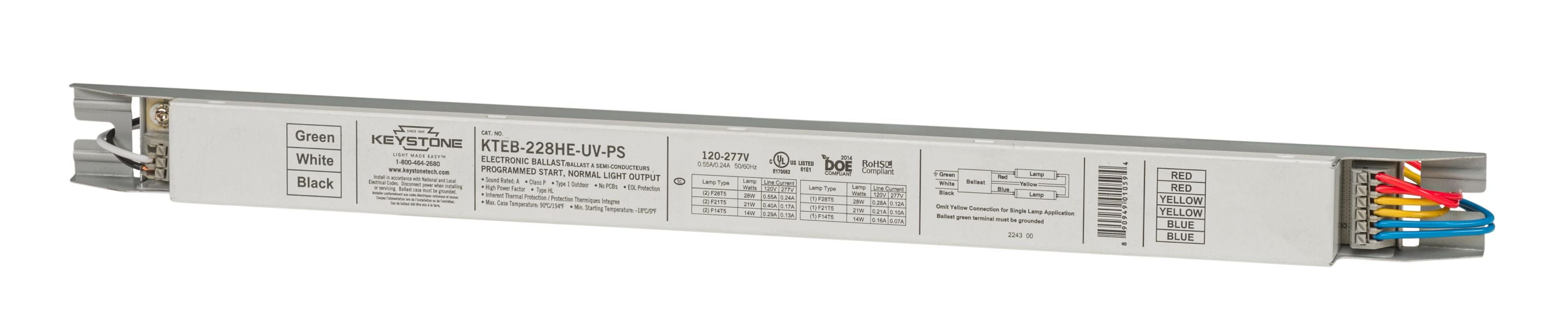 Keystone 1 Or 2X F28T5He [Also 1/2 F14T5 Or 1/2 F21T5] Multivolt 120-277V 90 Celsius Case Temp Program Start With Leads Electronic Ballast (KTEB-228HE-UV-PS-CP)