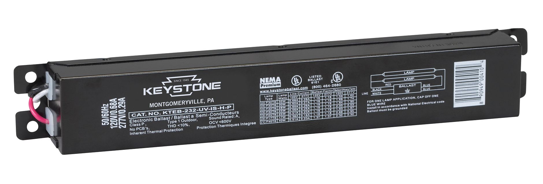 Keystone 2 Lite F17/25/32 T8 NEMA Premium High Output Electronic Ballast (KTEB-232-UV-IS-H-P-CP)