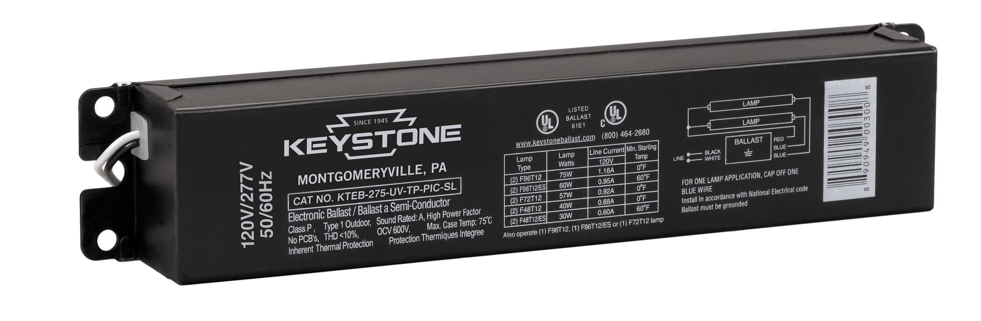 Keystone 2X F96T12 120-277V 9 Inch Case (KTEB-275-UV-TP-PIC-SL-DP)