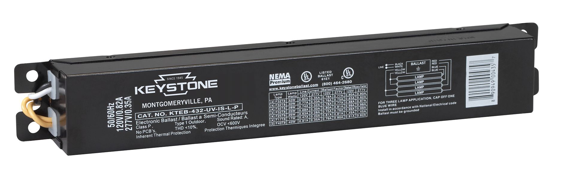 Keystone 4 Lite F17/25/32 T8 NEMA Premium Reduced Output Electronic Ballast (KTEB-432-UV-IS-L-P-DP)