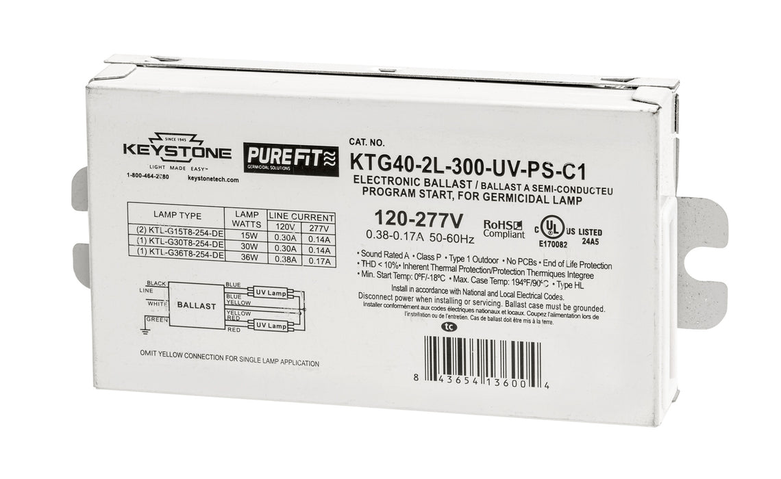 Keystone Ballast For UV-C Lamps 120-277V Input Design To Run 1 Or 2 Lamps Not To Exceed 40W Max Load 290Ma Output Compact Case Style (KTG40-2L-300-UV-PS-C1)