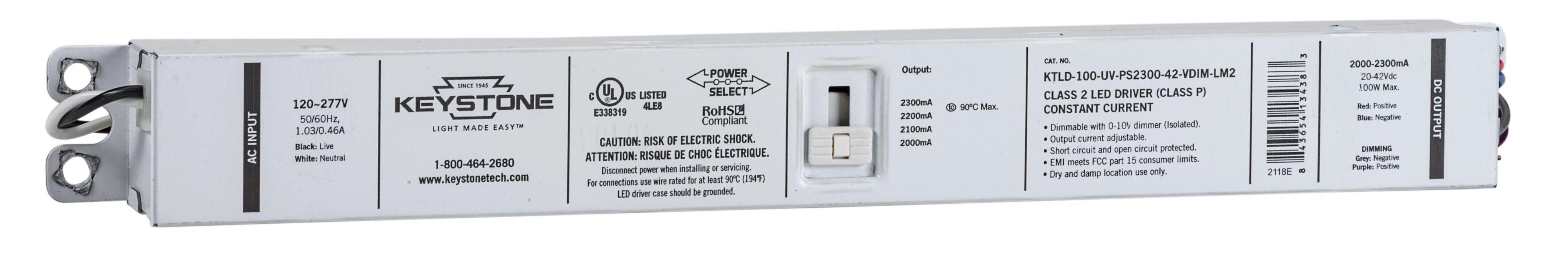 Keystone Power Select Constant Current LED Driver 100W Selectable Output Currents Include 2000Ma 2100Ma 2200Ma 2300Ma 20-42 Vdc Output Voltage 120-277V Input (KTLD-100-UV-PS2300-42-VDIM-LM2)