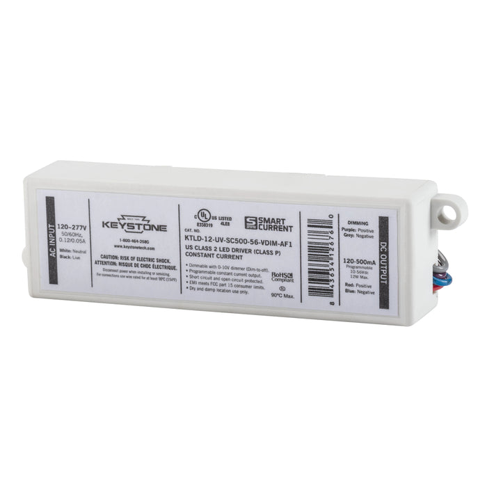 Keystone Programmable Constant Current LED Driver 12W 120-500Ma Output 120-277V Input 0-10V Dimming Programmable Via Smart Current Software (KTLD-12-UV-SC500-56-VDIM-AF1-CP)