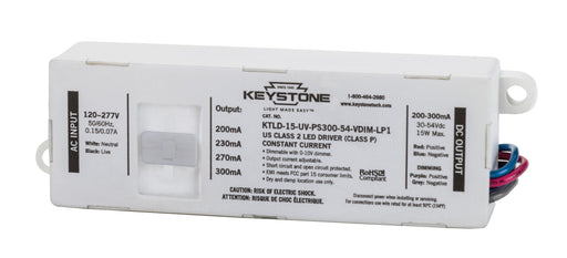 Keystone LED Driver 15W Selectable Output Currents Include 200Ma-300Ma 30-54VDC Output Voltage 0-10V Dimming (KTLD-15-UV-PS300-54-VDIM-LP1)