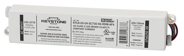 Keystone Programmable Constant Current LED Driver 20W 200-730Ma Output 120-277V Input 0-10V Dimming Programmable Via Smart Current Software (KTLD-20-UV-SC730-56-VDIM-AF4-CP)