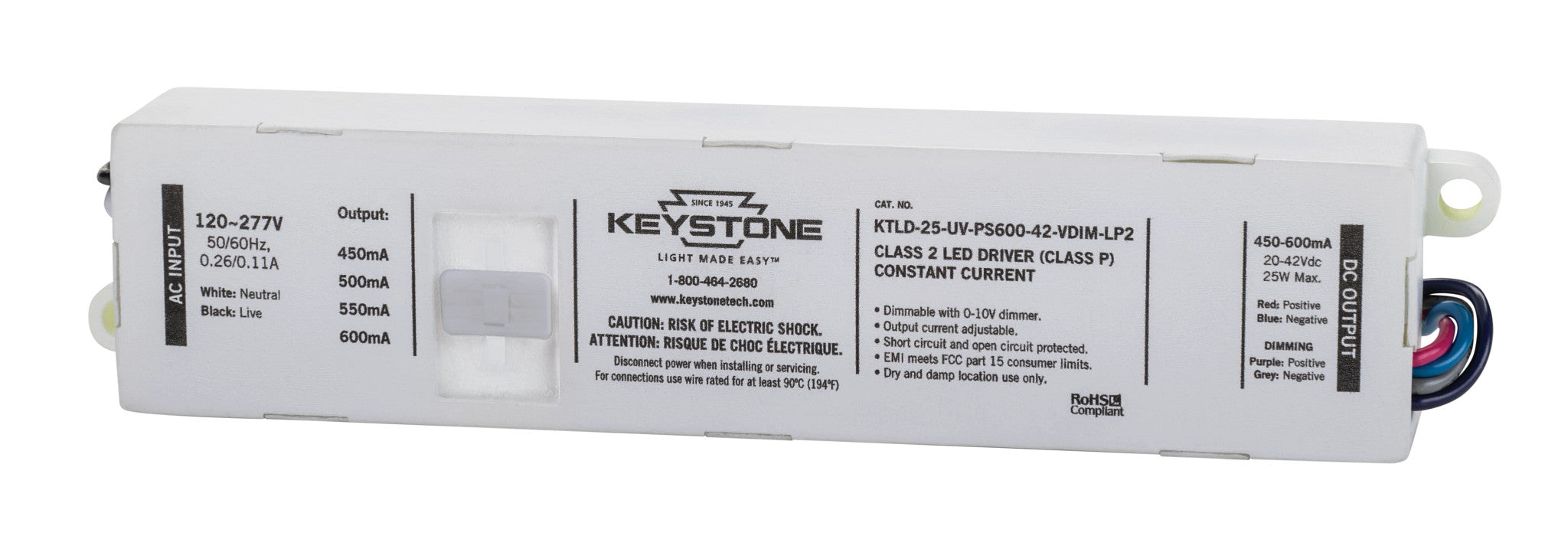 Keystone LED Driver 25W Selectable Output Currents Include 450Ma 600Ma 20-42VDC Output Voltage 0-10V Dimming (KTLD-25-UV-PS600-42-VDIM-LP2)