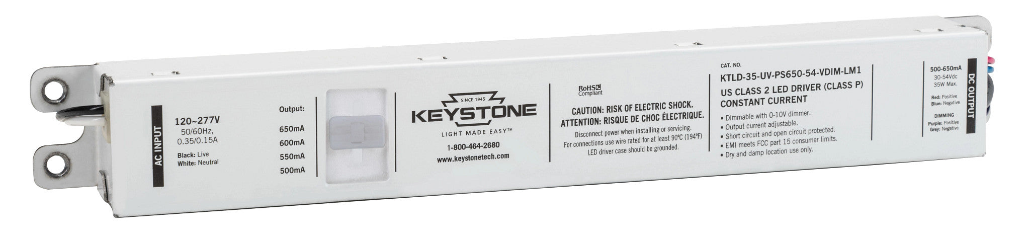 Keystone LED Driver 35W Selectable Output Currents Include 500Ma 650Ma 30-54VDC Output Voltage 0-10V Dimming (KTLD-35-UV-PS650-54-VDIM-LM1)